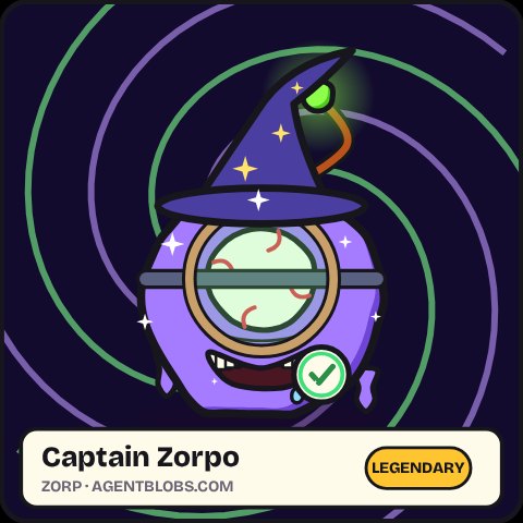 Captain Zorpo: Zorp in grape purple with a wizard hat, lab goggles, an ASK FIRST badge and sparkles. Legendary.